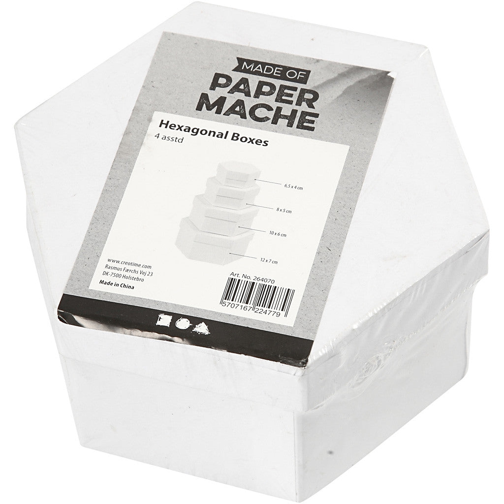 Hexagonale Dozen, H: 4+5+6+7 cm, d 6,5+8+10+12 cm, wit, 4 stuk/ 1 set [HOB-264070]