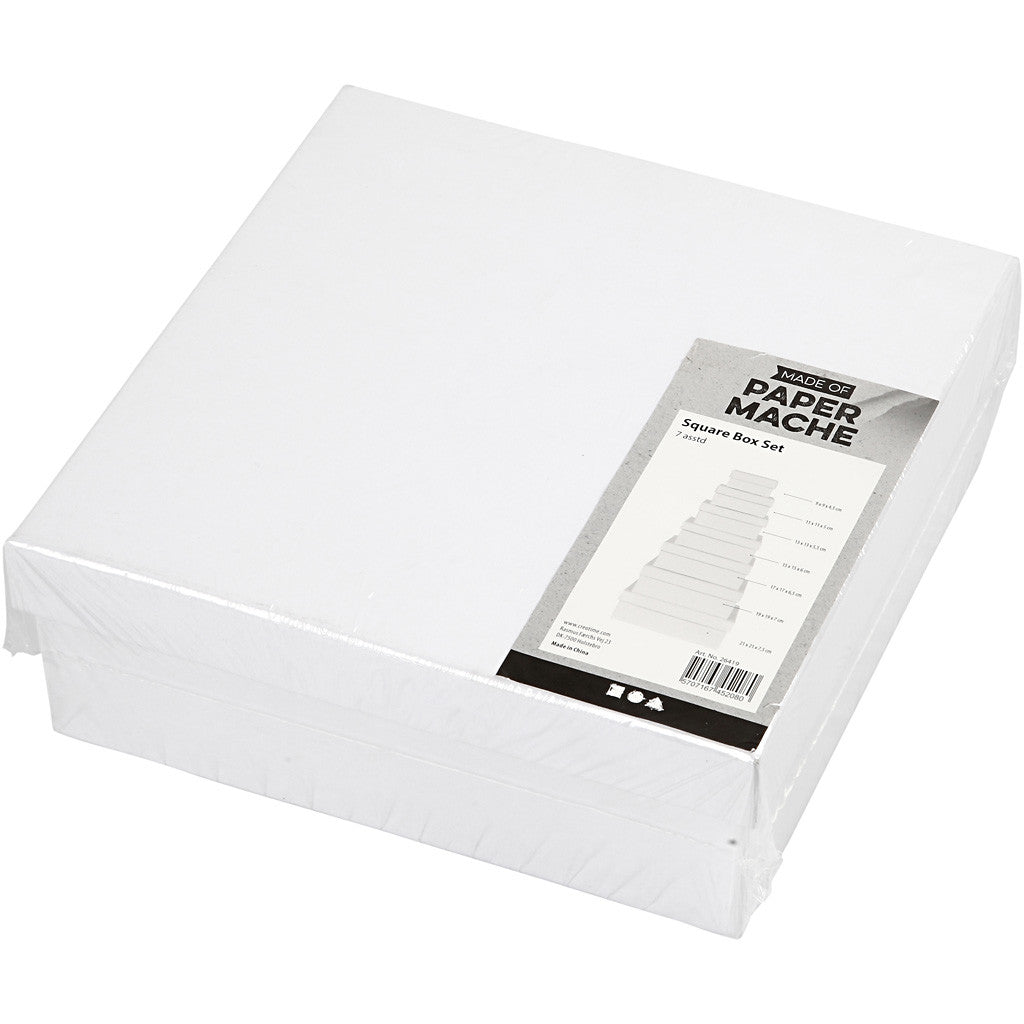 Vierkante Dozen, H: 4,5+5+5,5+6+6,5+7+7,5 cm, afm 9+11+13+15+17+19+21 cm, wit, 7 stuk/ 1 set [HOB-26419]