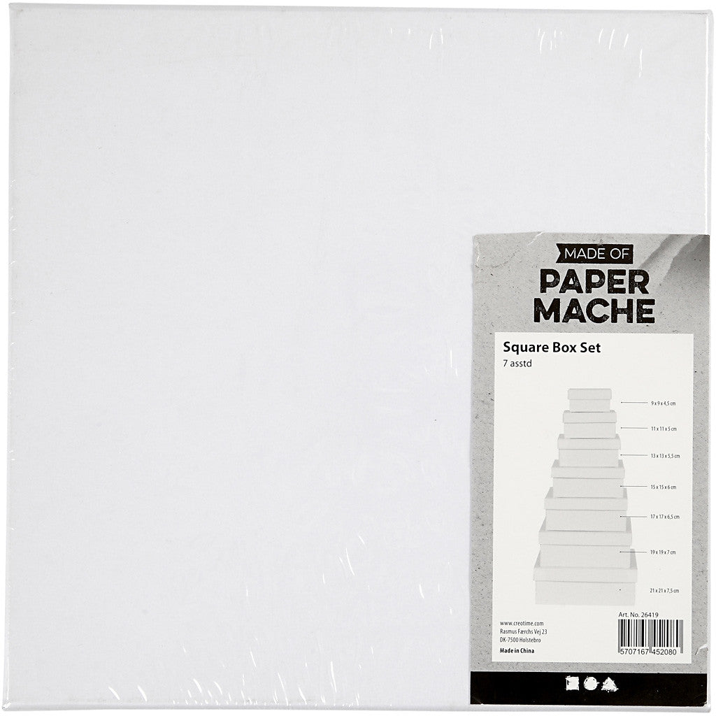 Vierkante Dozen, H: 4,5+5+5,5+6+6,5+7+7,5 cm, afm 9+11+13+15+17+19+21 cm, wit, 7 stuk/ 1 set [HOB-26419]