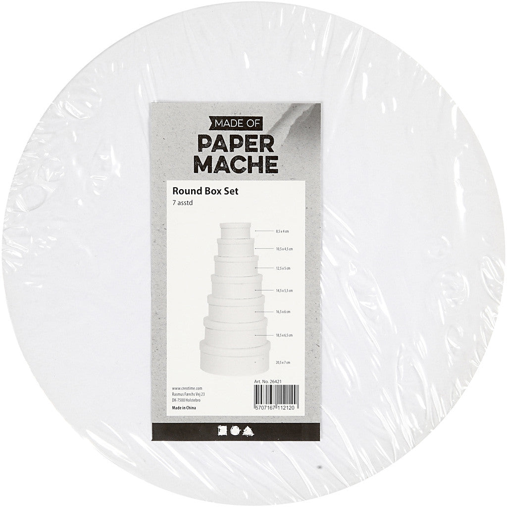 Ronde dozen, H: 4+4,5+5+5,5+6+6,5+7 cm, d 8,5+10,5+12,5+14,5+16,5+18,5+21,5 cm, wit, 7 stuk/ 1 set [HOB-26421]