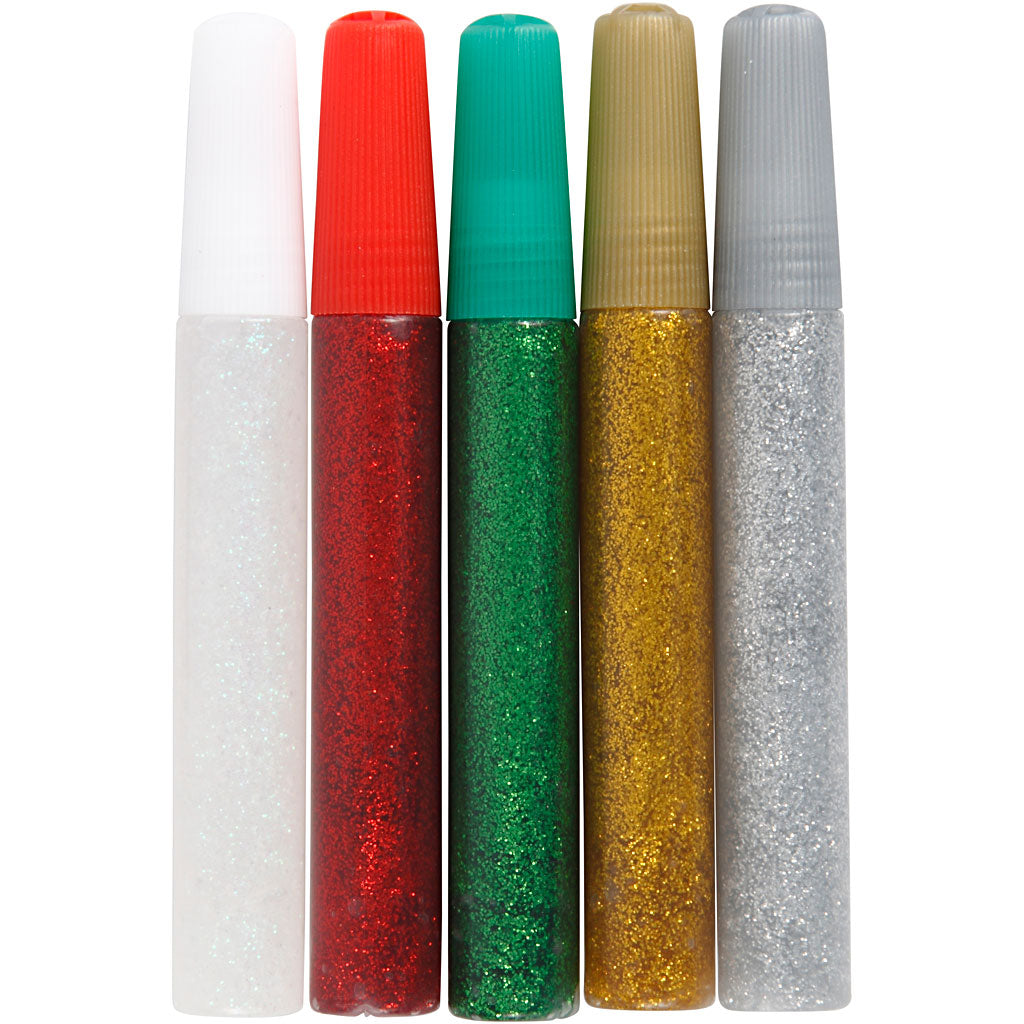 Glitter Glue, assorted colours, 5x10 ml