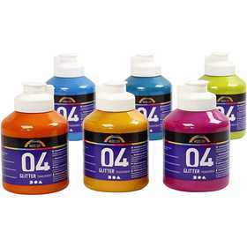 Acrylverf met glitters, diverse kleuren, 6x500 ml/ 1 doos [HOB-32500]
