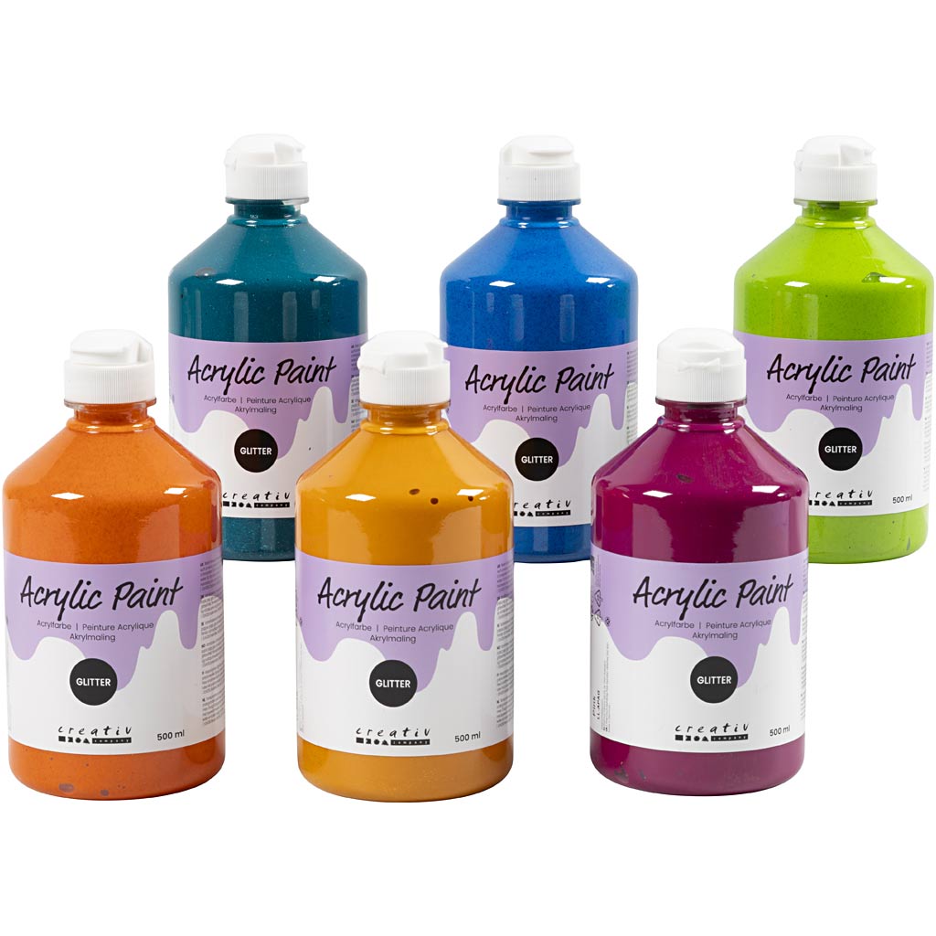 Glitter Acrylic Paint, assorted colours, 6x500 ml