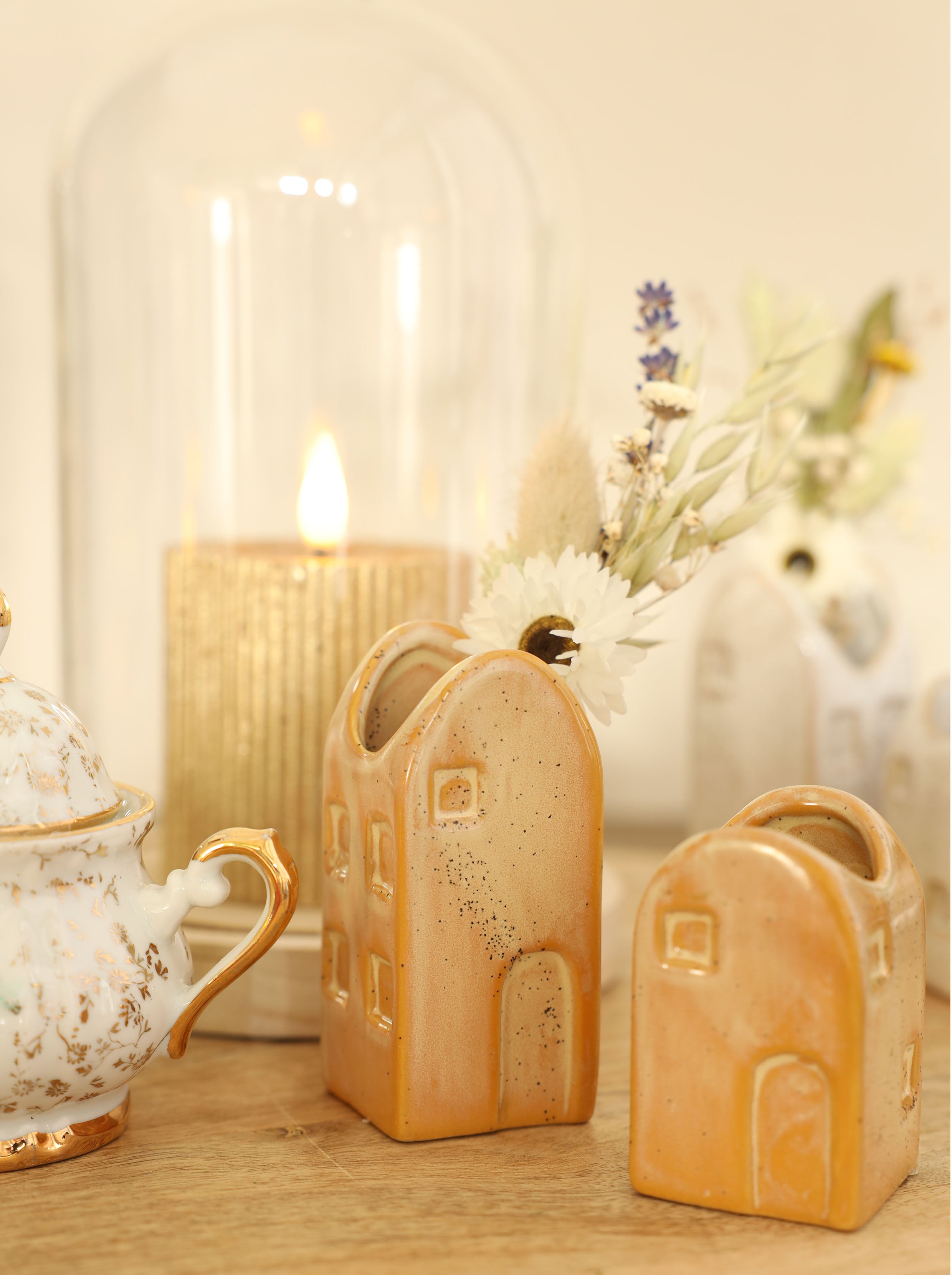 Glazen stolp met glazen knop met houten basis Ø12 h.15 cm (1 st) [IFS-29312]