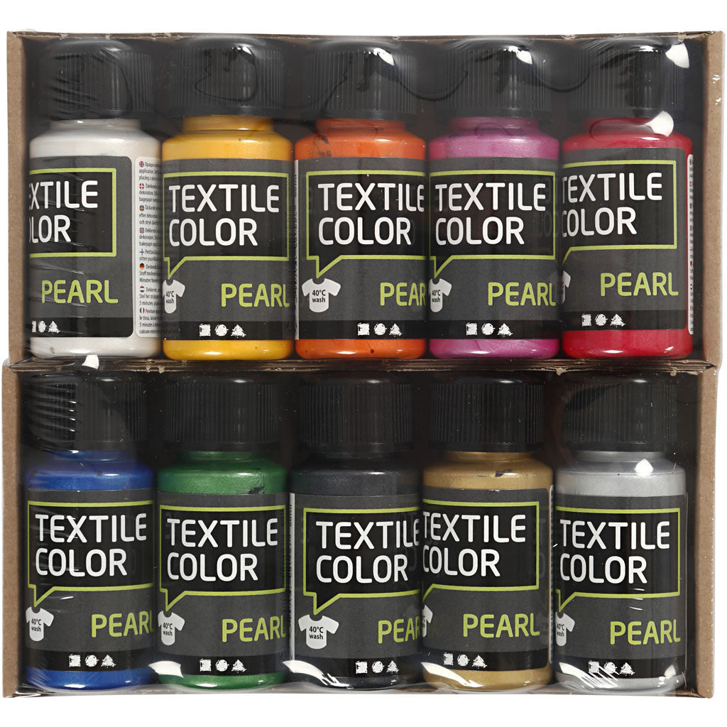 Textielkleur, parelmoer, diverse kleuren, 10x50 ml/ 1 doos [HOB-33699]