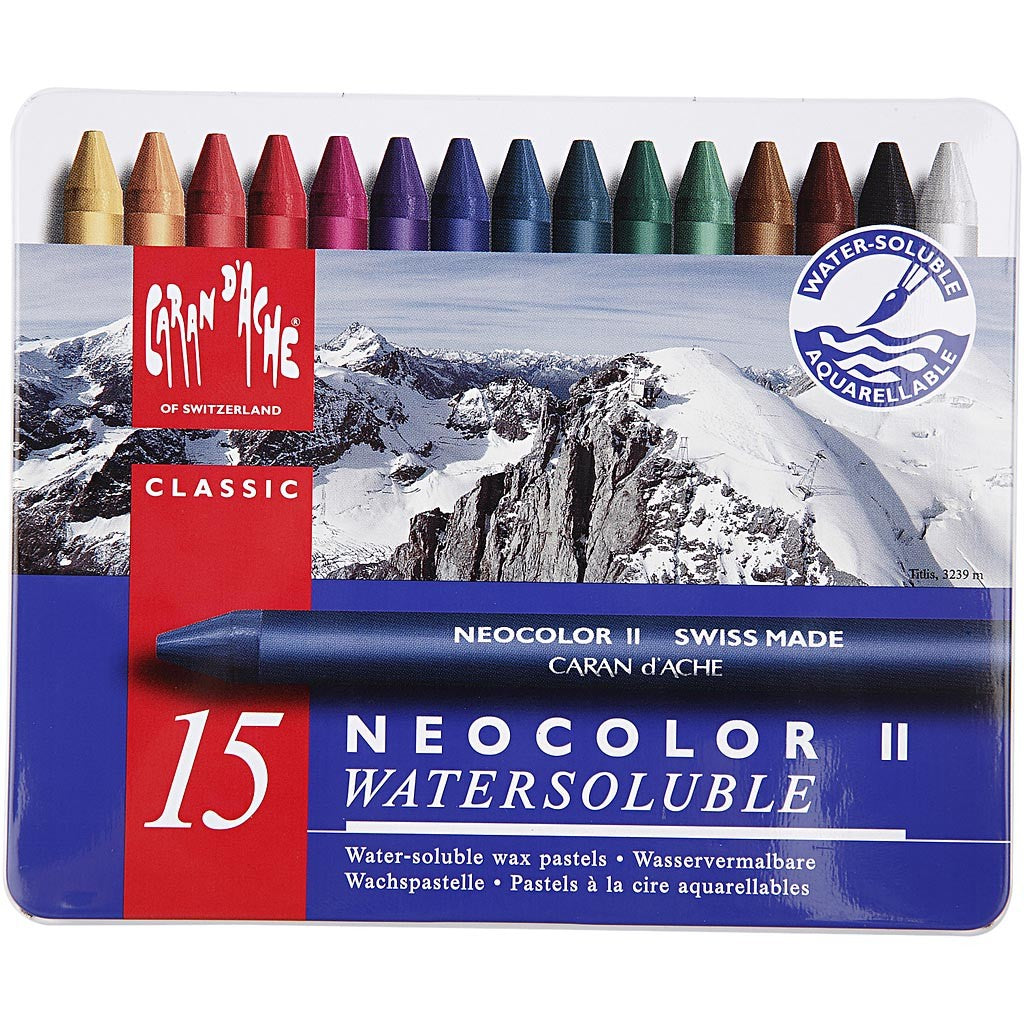 CARAN D’ACHE Neocolor II, L: 10 cm, dikte 8,5 mm, diverse kleuren, 15 stuk/ 1 doos [HOB-34042]