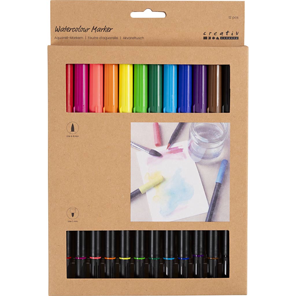 Aquarelmarker, lijndikte 2+4-8 mm, standaardkleuren, 12 stuk/ 1 doos [HOB-34339]