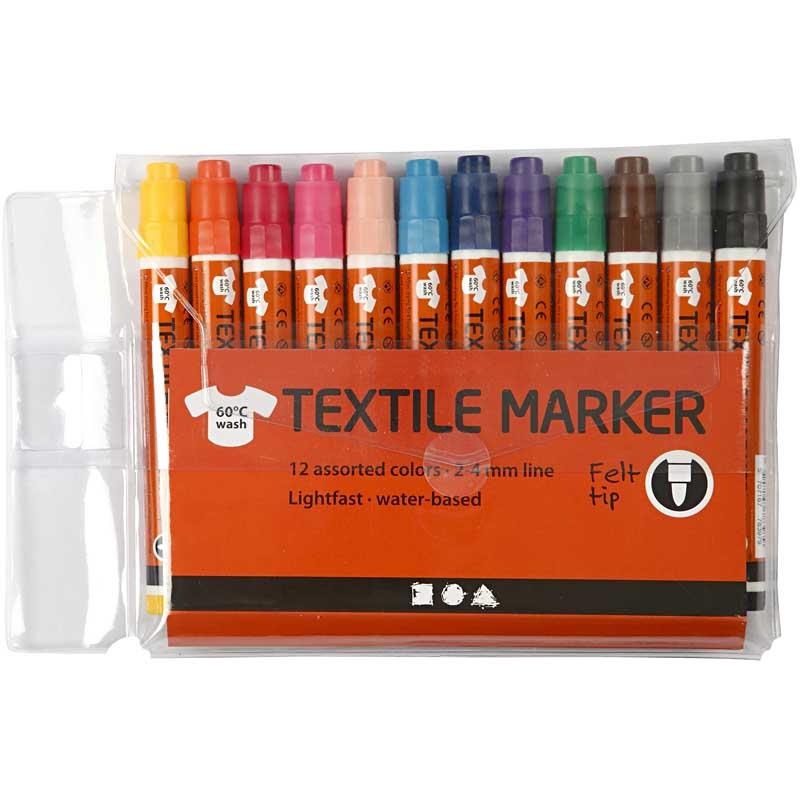 Textielstiften, lijndikte 2-4 mm, diverse kleuren, 12 stuk/ 1 doos [HOB-34836]