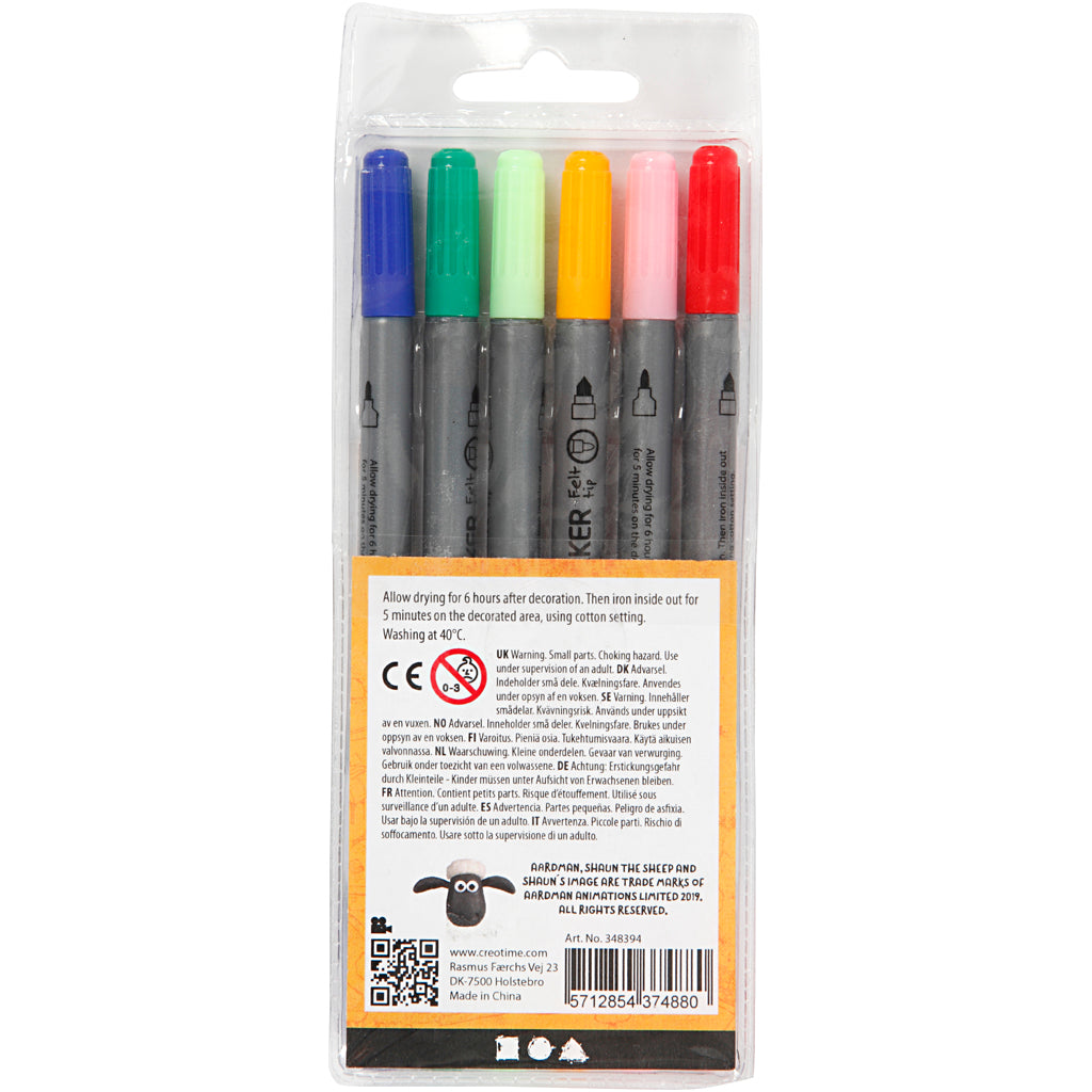 Textielstiften, lijndikte 2,3+3,6, diverse kleuren, 6 stuk/ 1 doos [HOB-348394]