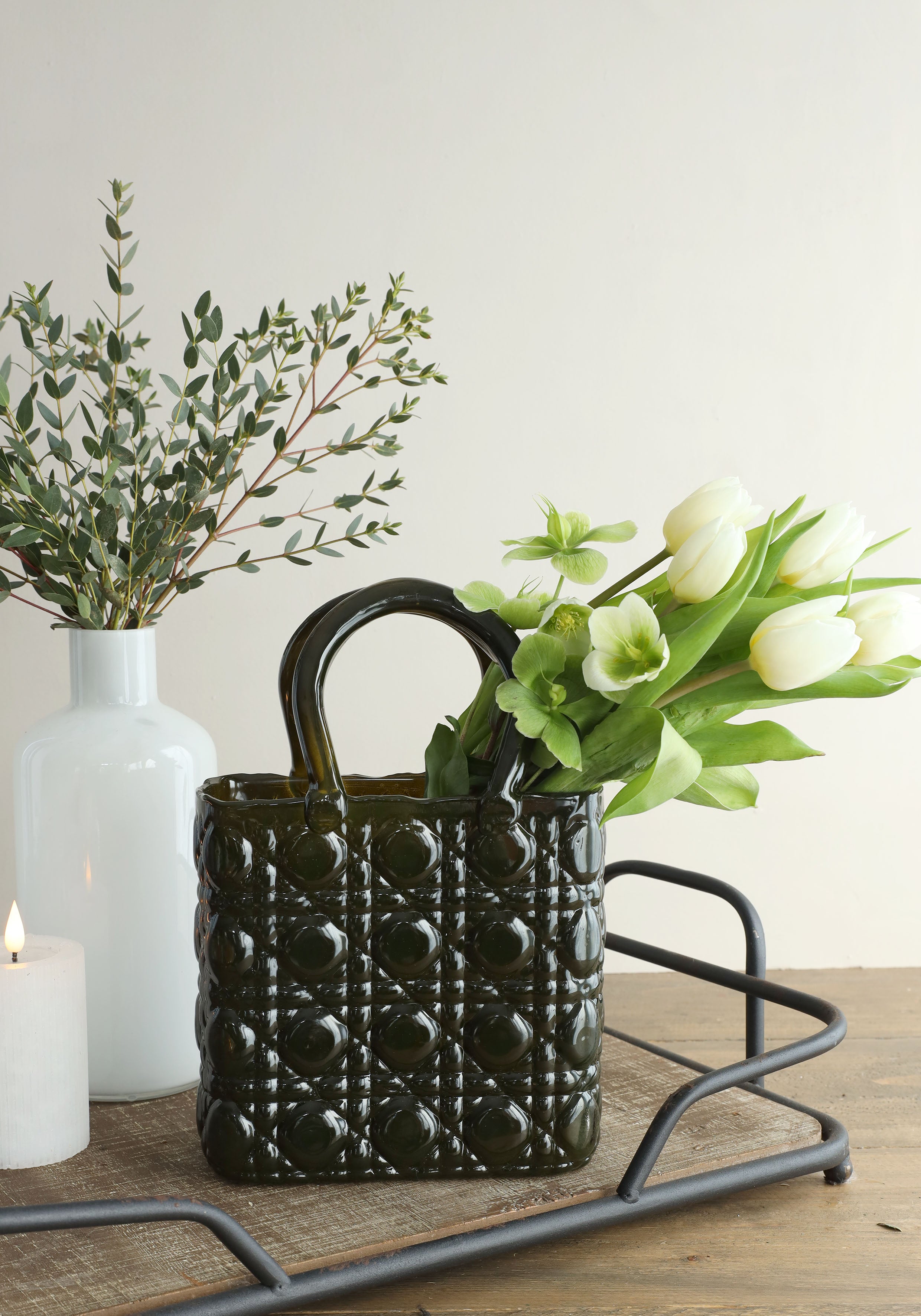 Handtas vaas Elysee glazen handvat l.19 x b.11 x h.28 cm donkergroen (1 st) [IFS-37245]