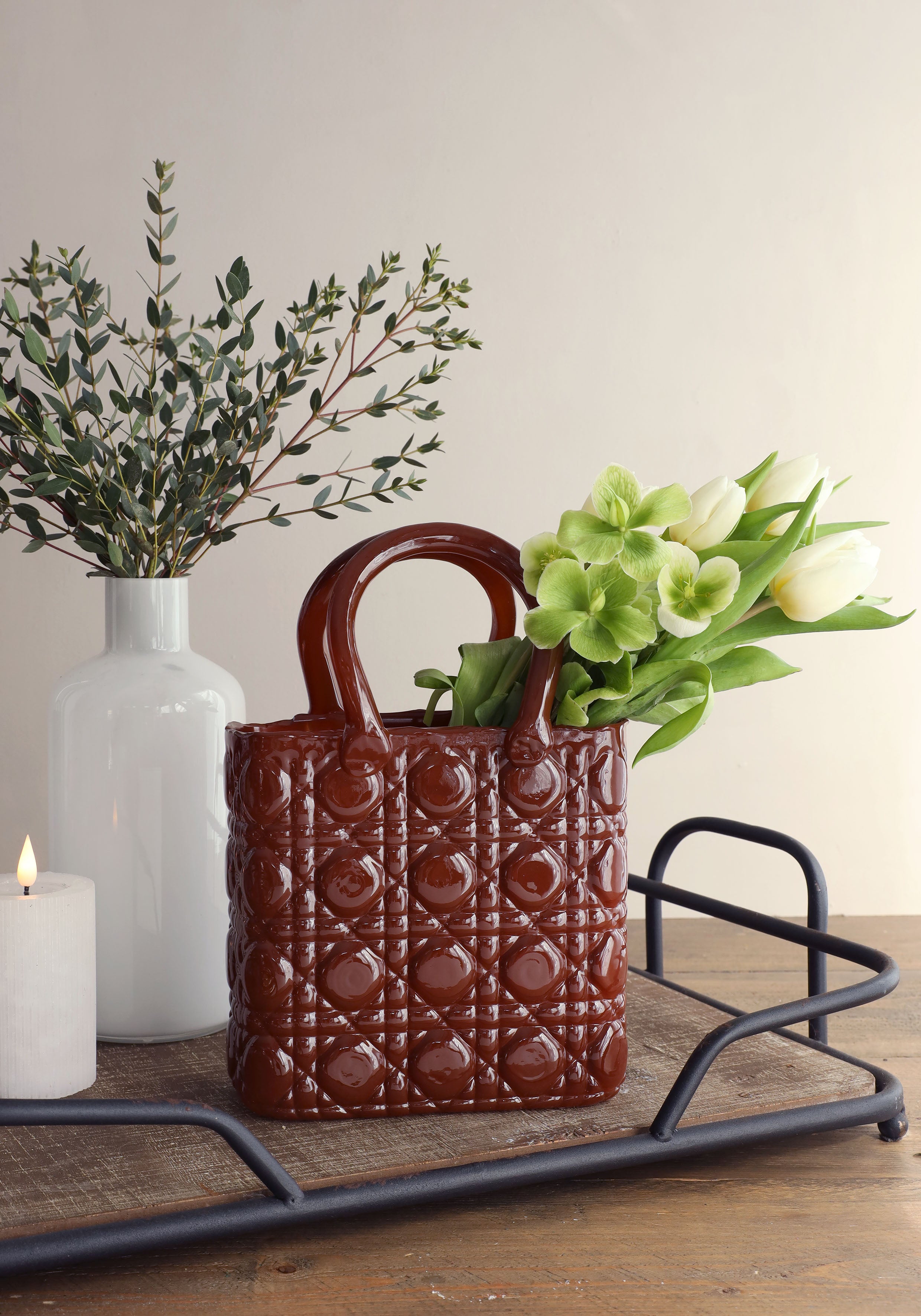 Handtas vaas Elysee glazen handvat l.19 x b.11 x h.28 cm mahonie (1 st) [IFS-37246]