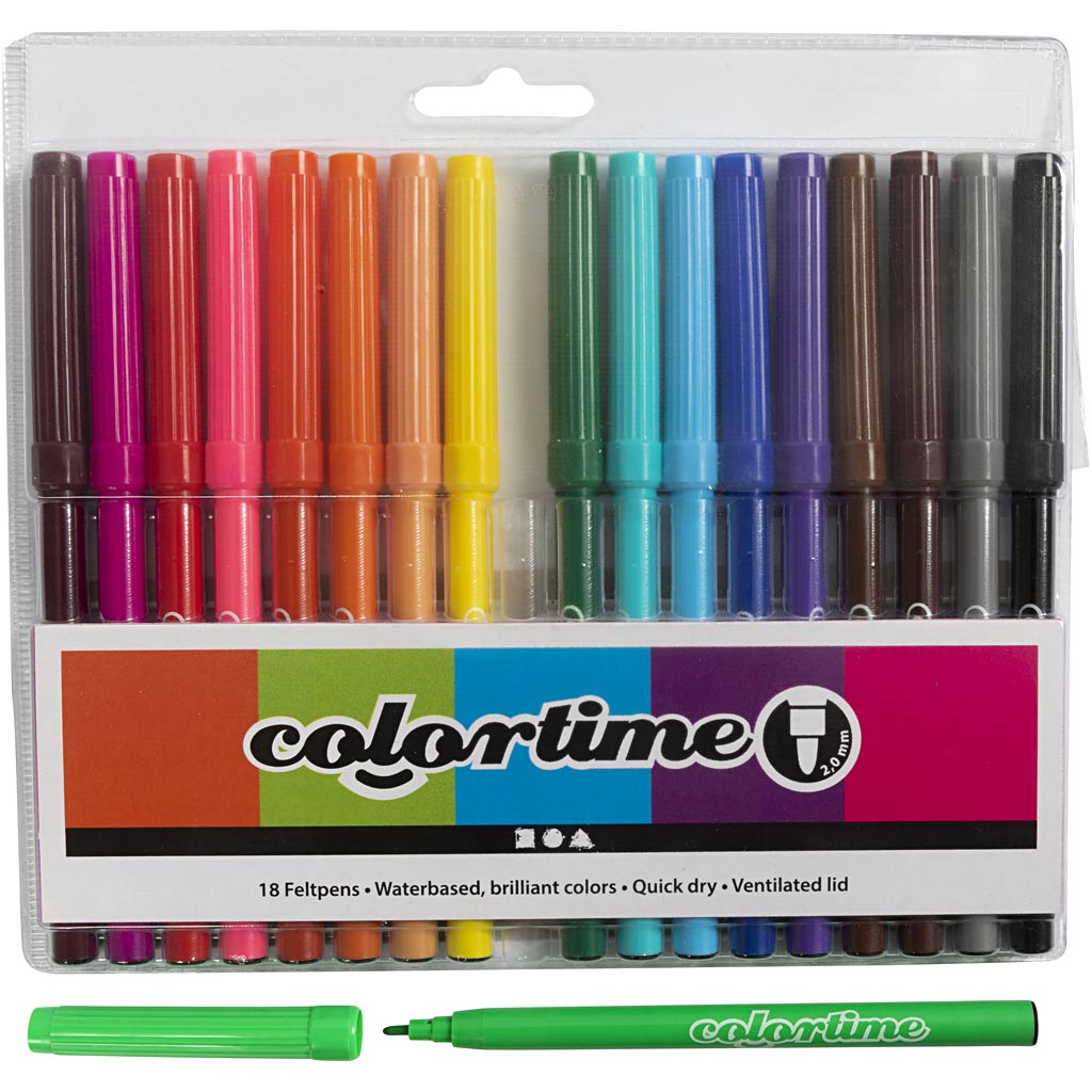 Colortime Markers, line 2 mm, assorted colours, 18 pc