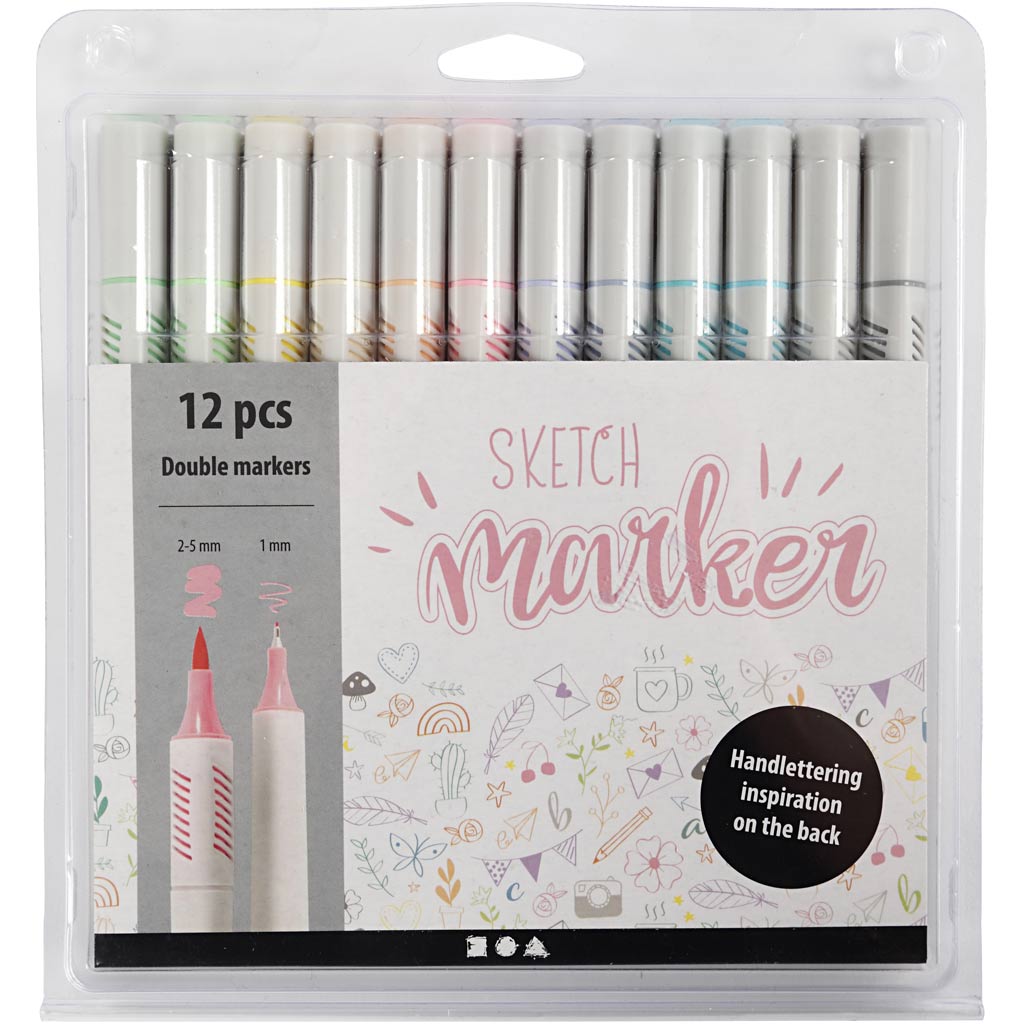 Tekenstiften, lijndikte 1+2-5 mm, pastelkleuren, 12 stuk/ 1 doos [HOB-37380]