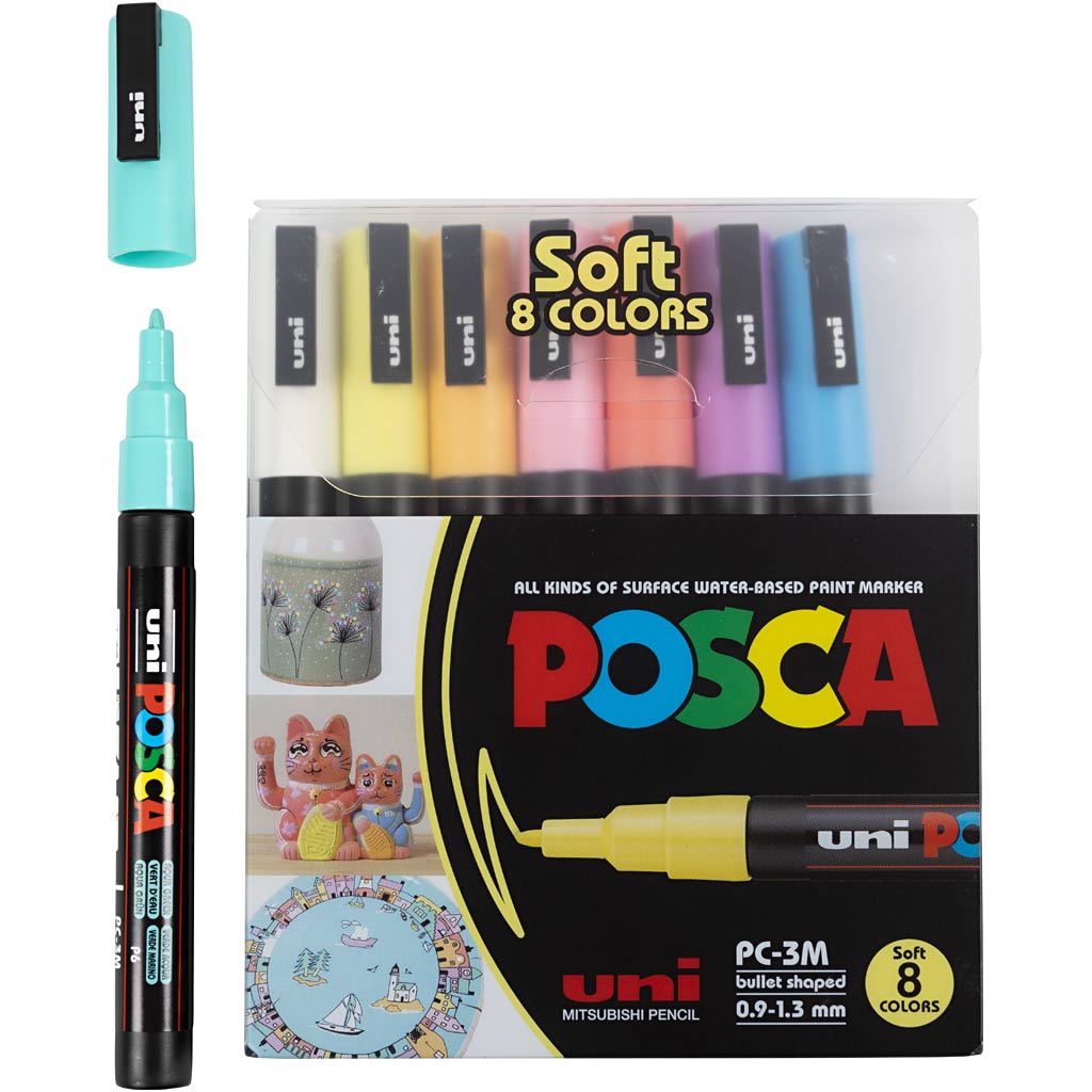 Posca Marker, diverse kleuren, afm PC-3M, lijndikte 0,9 - 1,3 mm, 8 div/ 1 doos [HOB-384290]