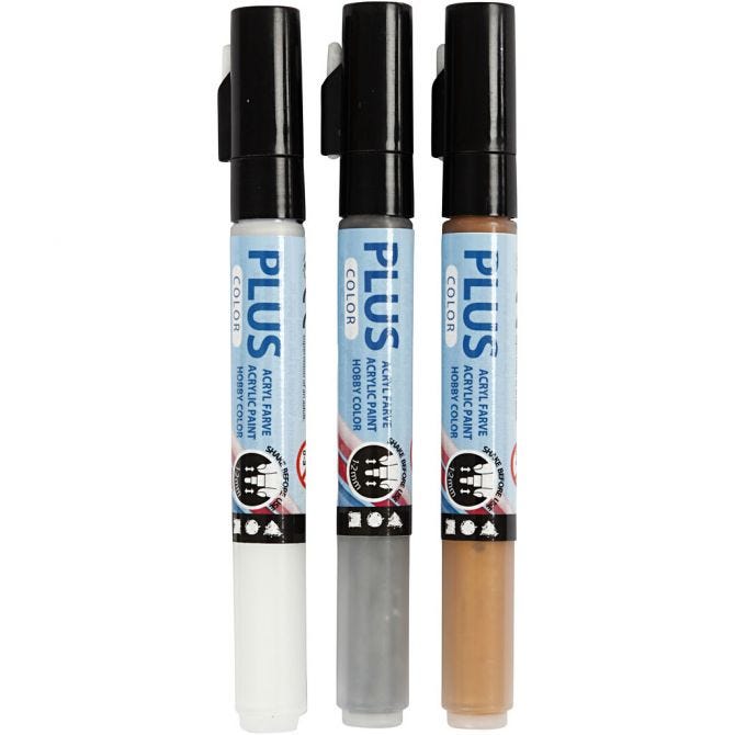 Plus Color Marker, L: 14,5 cm, lijndikte 1-2 mm, goud, zilver, off-white, 5,5 ml, 3 stuk/ 1 doos [HOB-39892]