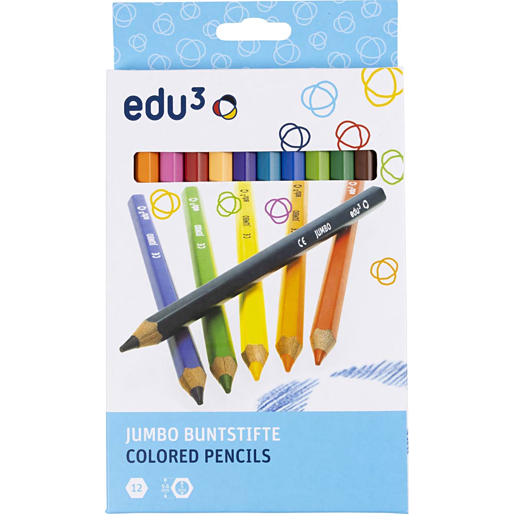 Edu Jumbo Kleurpotloden, dikte 10 mm, vulling 5 mm, diverse kleuren, 12 stuk/ 1 doos [HOB-409812]