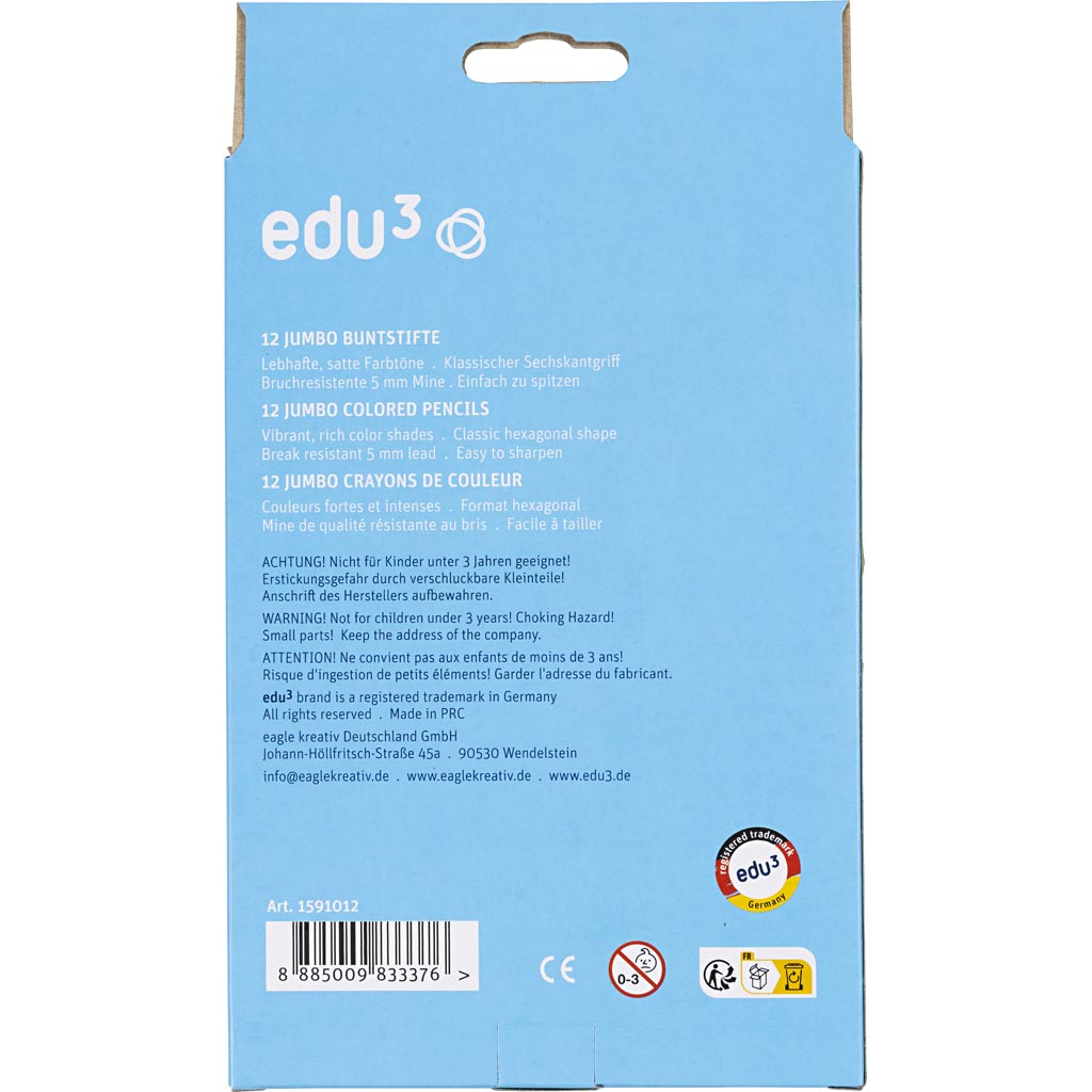 Edu Jumbo Kleurpotloden, dikte 10 mm, vulling 5 mm, diverse kleuren, 12 stuk/ 1 doos [HOB-409812]