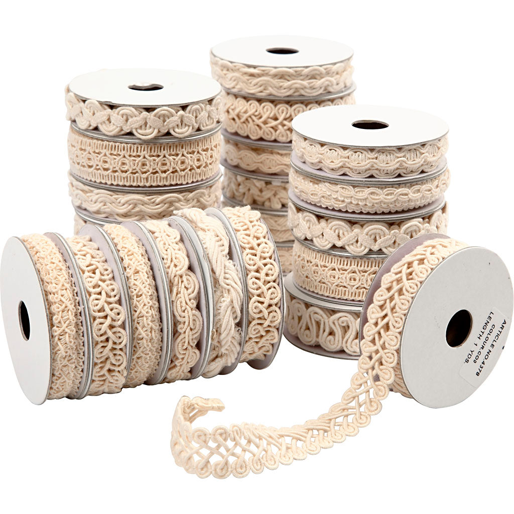 Decorative Ribbon, W: 6-18 mm, cream, 56x0.90 m