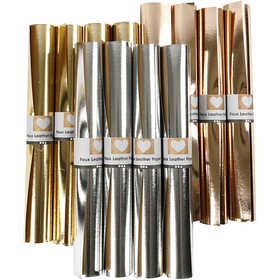 Faux Leather Papier, B: 49 cm, dikte 0,55 mm, unikleurig,met folie, goud, roze goud, zilver, 12x1 m/ 1 doos [HOB-49894]