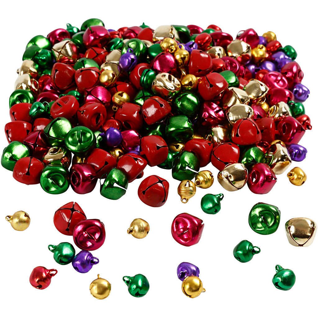 Bells, dia. 10+14 mm, metallic colours, 320 asstd.