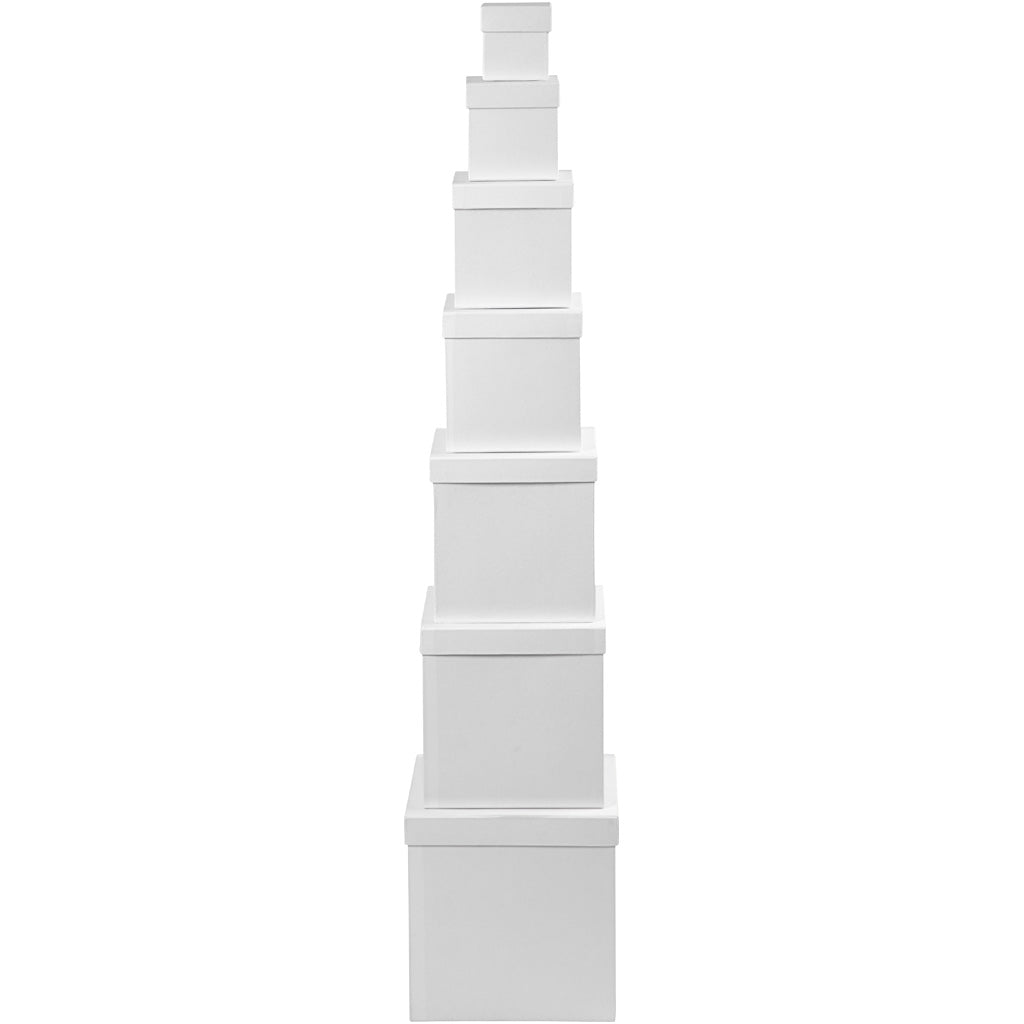 Vierkante dozen, vierkant, afm 7,5+10+13+15+18+20+23 cm, h: 7,5+10+13+15+18+20+23 cm, wit, 7stuks [HOB50437]