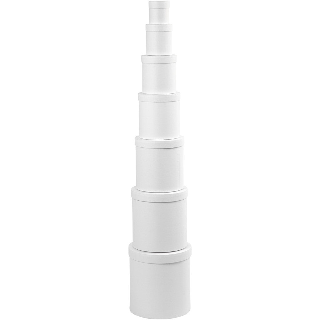 Ronde dozen, rond, H: 7,5+10,2 +12,7+15,2 +17,7+20,2 +22,7 cm, d 7+9 +12+14,5 +17+19,5 +22 cm, wit, 7 stuk/ 1 set [HOB-50438]