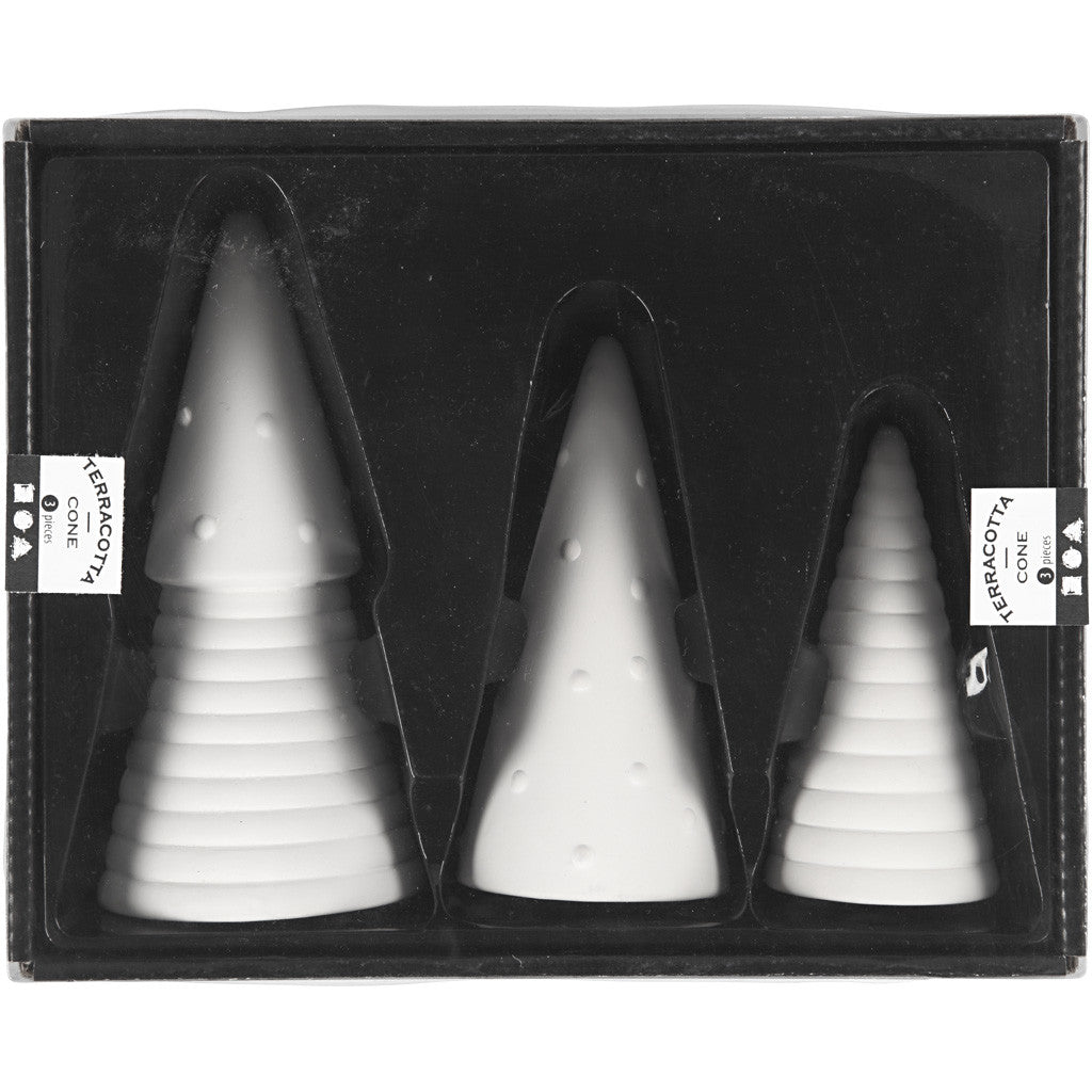 Kerstbomen, H: 10+12+15 cm, d 5+6+7 cm, wit, 3 stuk/ 1 doos [HOB-50493]