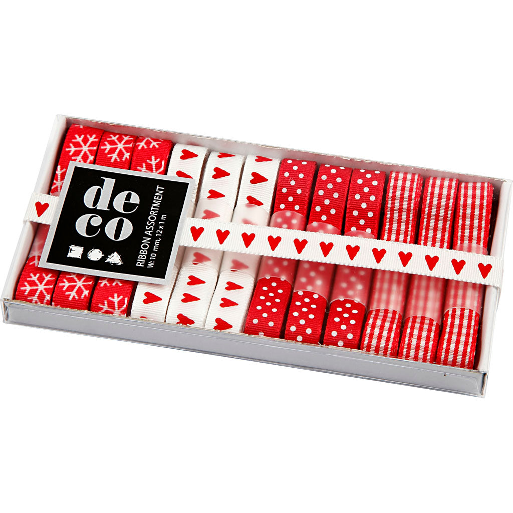 Decorative Ribbon, W: 10 mm, assorted colours, 12x1 m