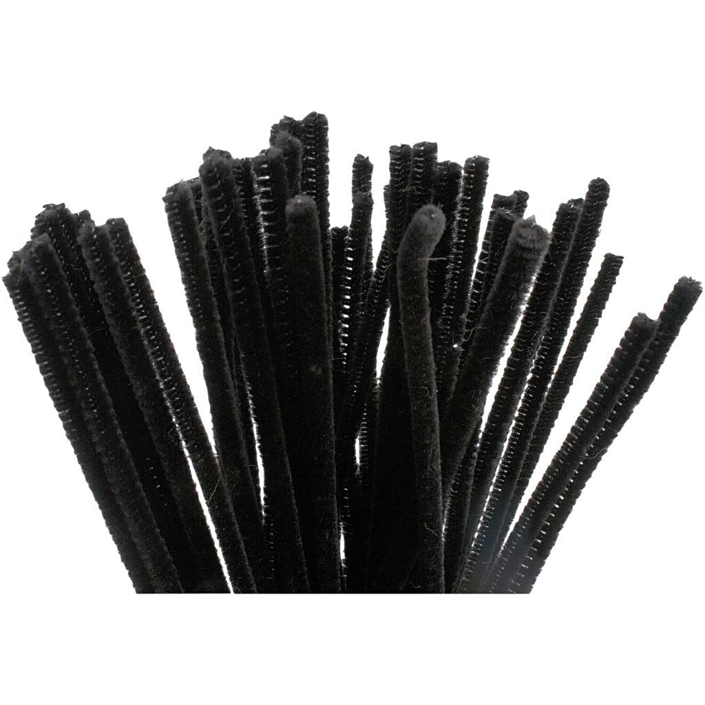 Chenille, L: 30 cm, dikte 6 mm, zwart, 50 stuk/ 1 doos [HOB-51618]