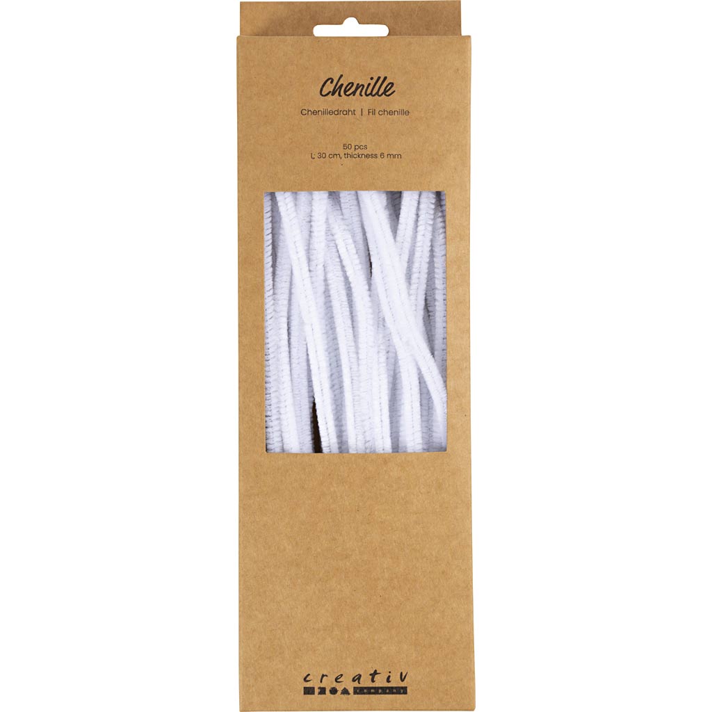 Chenille draad, wit, L: 30 cm, dikte 6 mm, 50 stuk/ 1 doos [HOB51619]