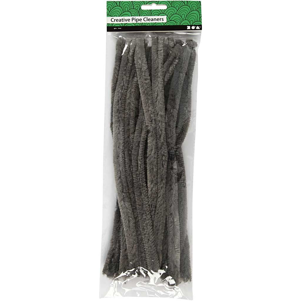 Chenille, L: 30 cm, dikte 15 mm, grijs, 15 stuk/ 1 doos [HOB-51627]