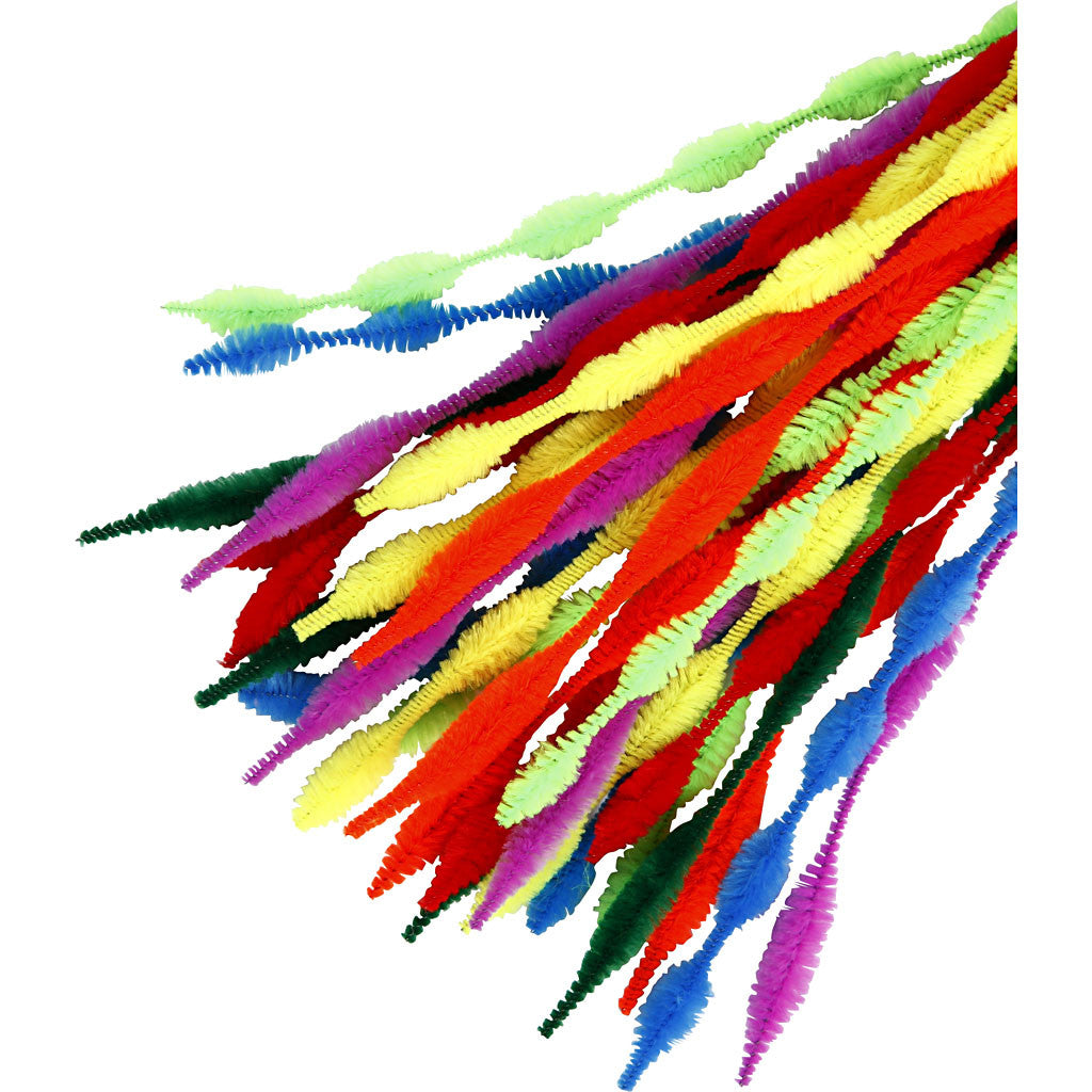Chenille, gegolfd, L: 30 cm, dikte 5-12 mm, diverse kleuren, 28 div/ 1 doos [HOB-51631]