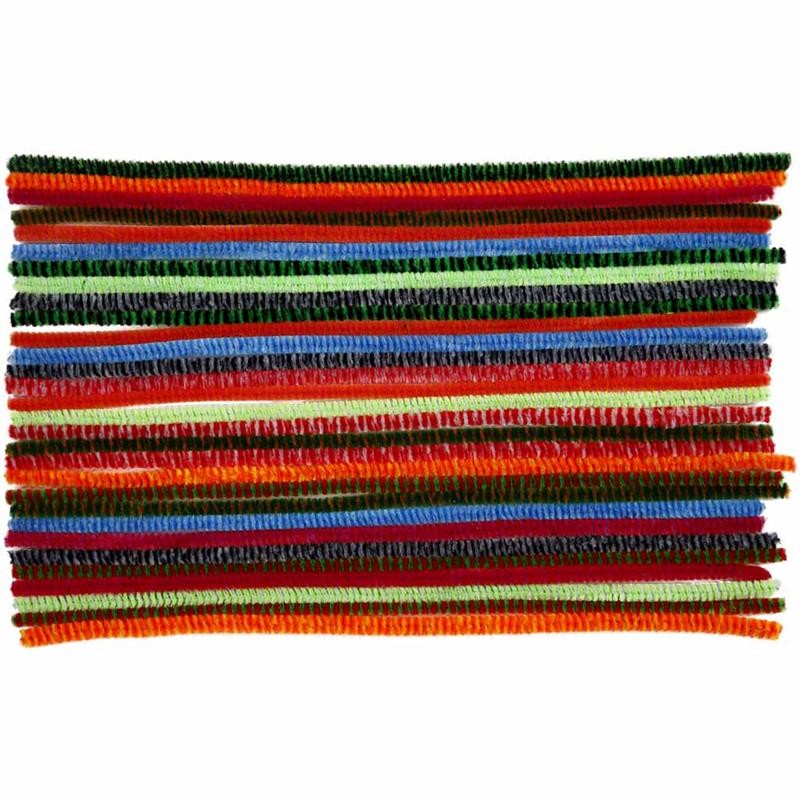 Chenille, gestreept, L: 30 cm, dikte 6 mm, diverse kleuren, 30 div/ 1 doos [HOB-51632]