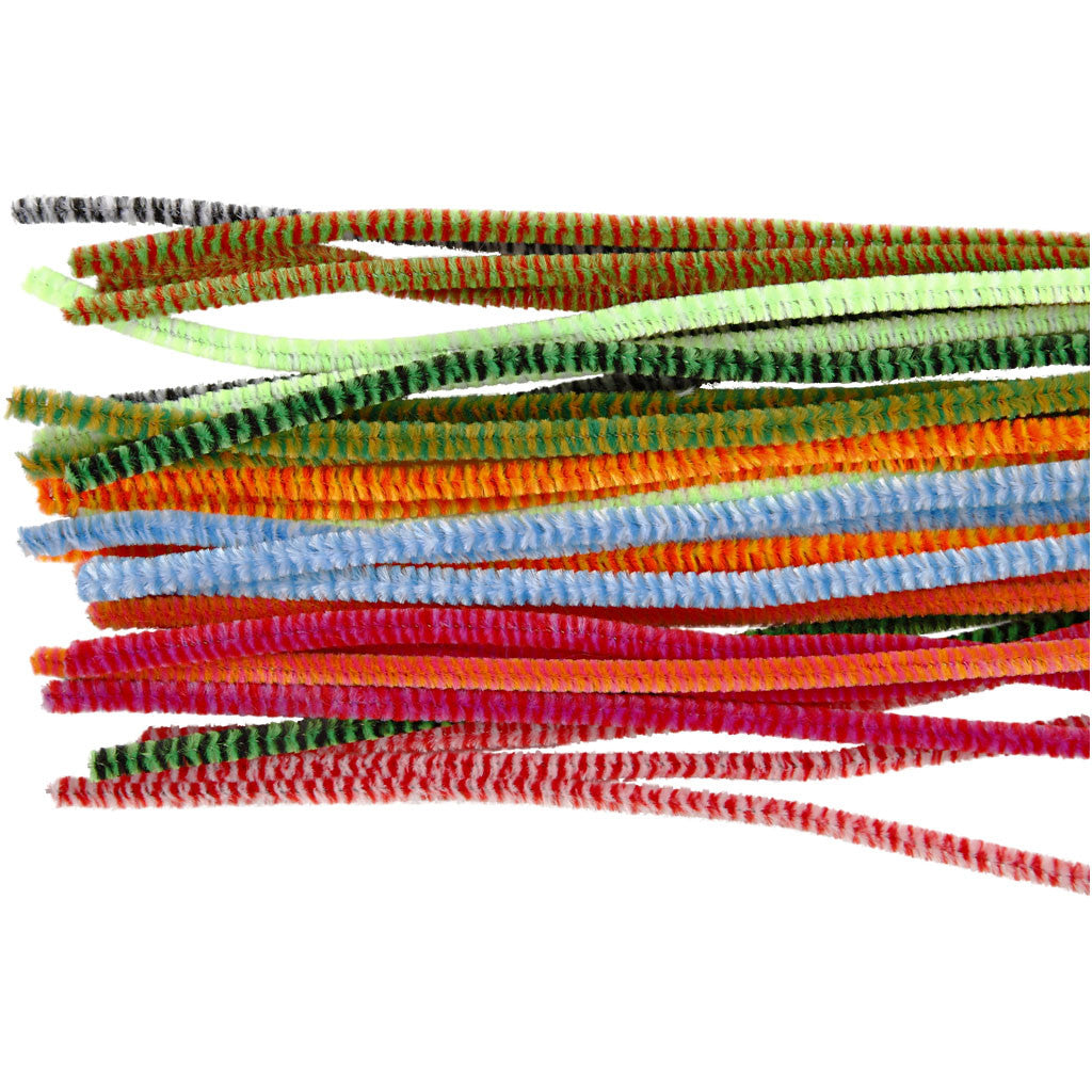 Chenille, gestreept, L: 30 cm, dikte 6 mm, diverse kleuren, 30 div/ 1 doos [HOB-51632]