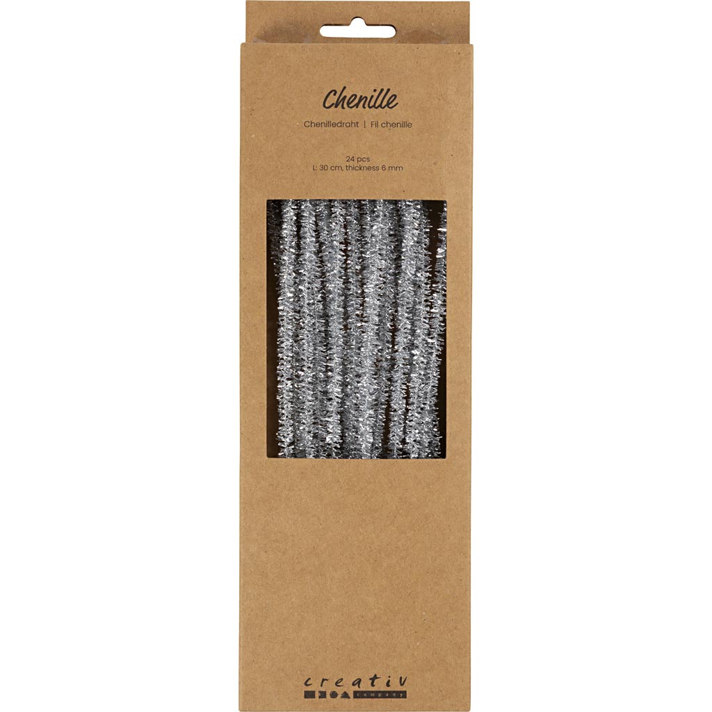 Chenille draad, zilver, L: 30 cm, dikte 6 mm, 24 stuk/ 1 doos [HOB51635]