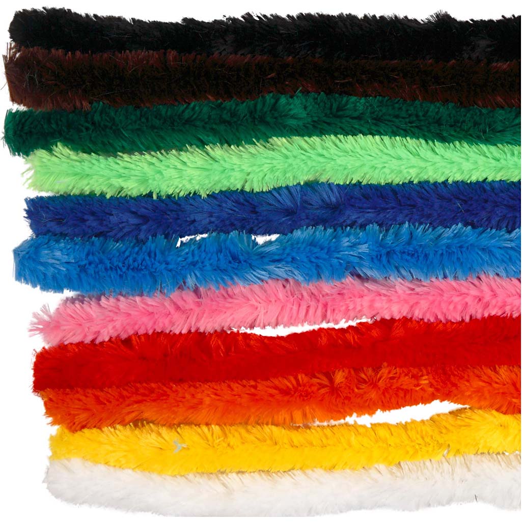 Chenille, grote, L: 45 cm, dikte 25 mm, diverse kleuren, 60 div/ 1 doos [HOB-51643]