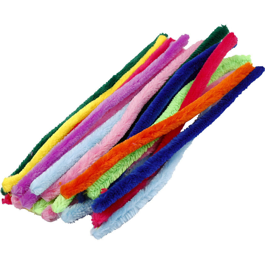 Chenille, L: 30 cm, dikte 15 mm, diverse kleuren, 200 div/ 1 doos [HOB-51646]
