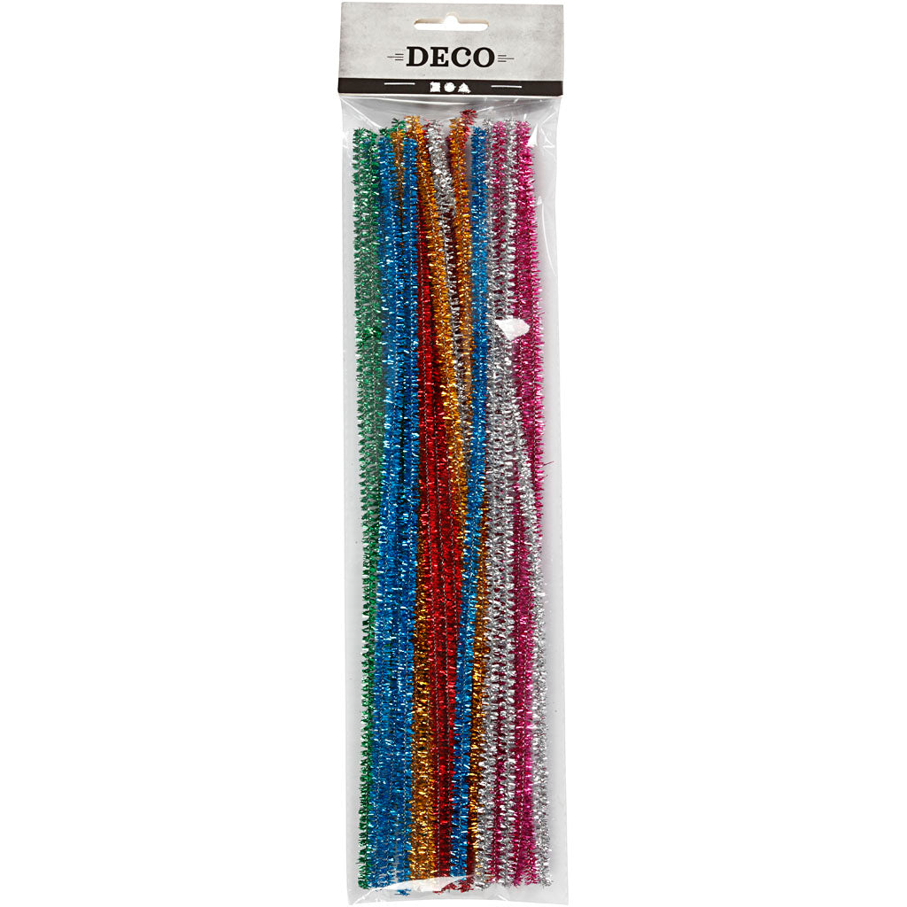 Chenille, L: 30 cm, dikte 6 mm, glitter, sterke kleuren, 24 div/ 1 doos [HOB-51648]