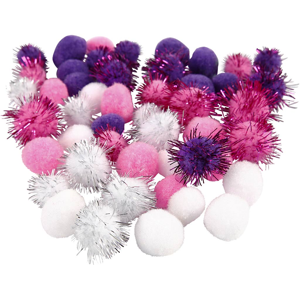 Pom poms, dia. 15+20 mm, purple, light red, white, 48 asstd.