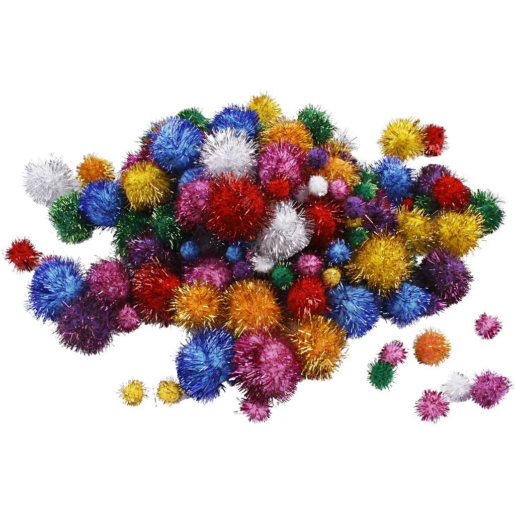 Pompons, d 15-40 mm, glitter, ca. 400 stuk, sterke kleuren, 400 gr/ 1 doos [HOB-51892]