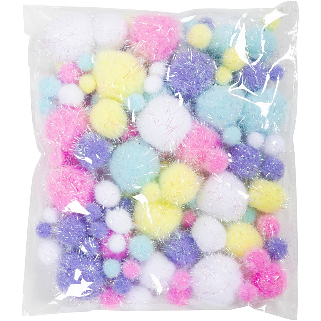 Pompons, d 15-40 mm, glitter, ca. 75 stuk, pastelkleuren, 62 gr/ 1 doos [HOB-518950]