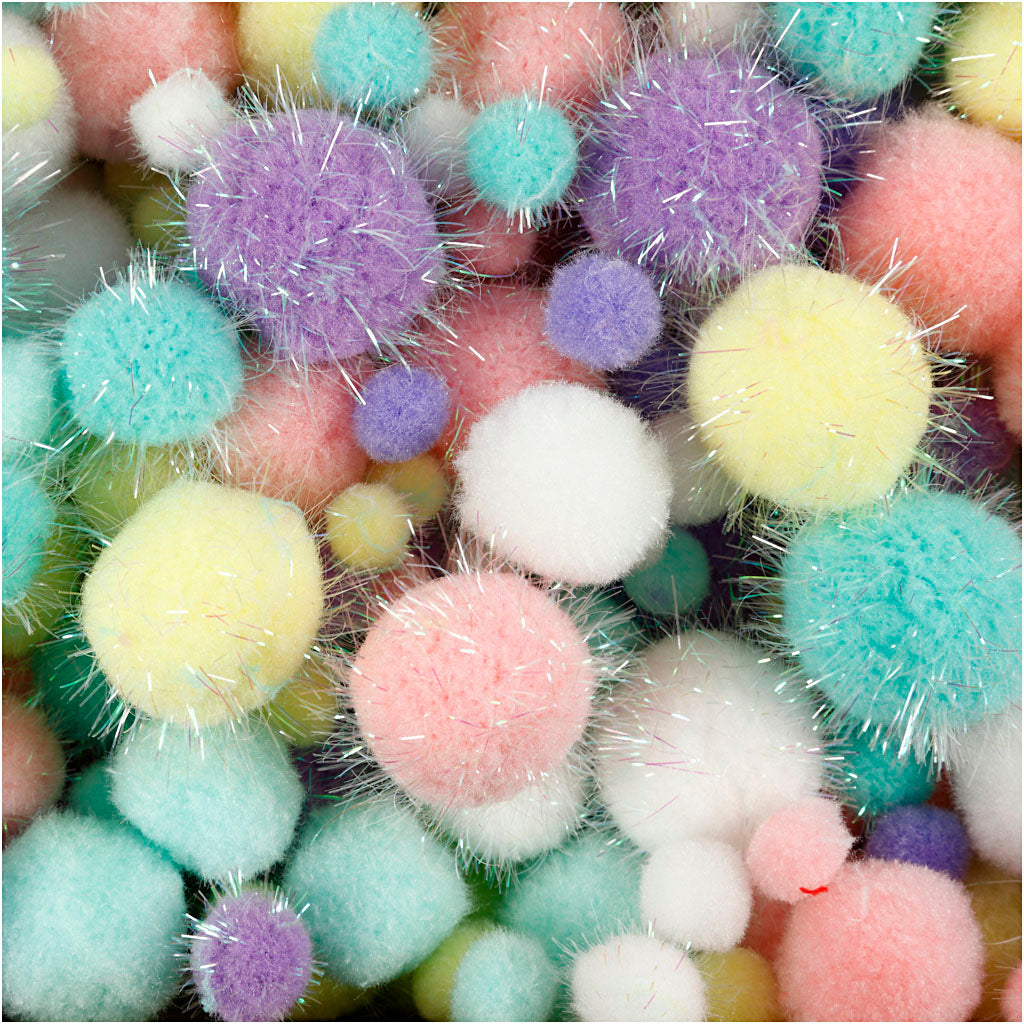 Pompons, d 15-40 mm, glitter, ca. 400 stuk, pastelkleuren, 400 gr/ 1 doos [HOB-51895]