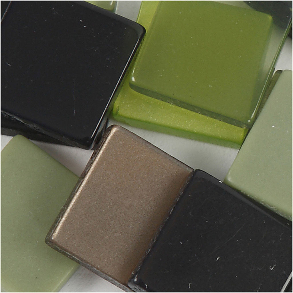 Mini mozaiek, afm 10x10 mm, dikte 2 mm, groen glitter, 25 gr/ 1 doos [HOB-51925]