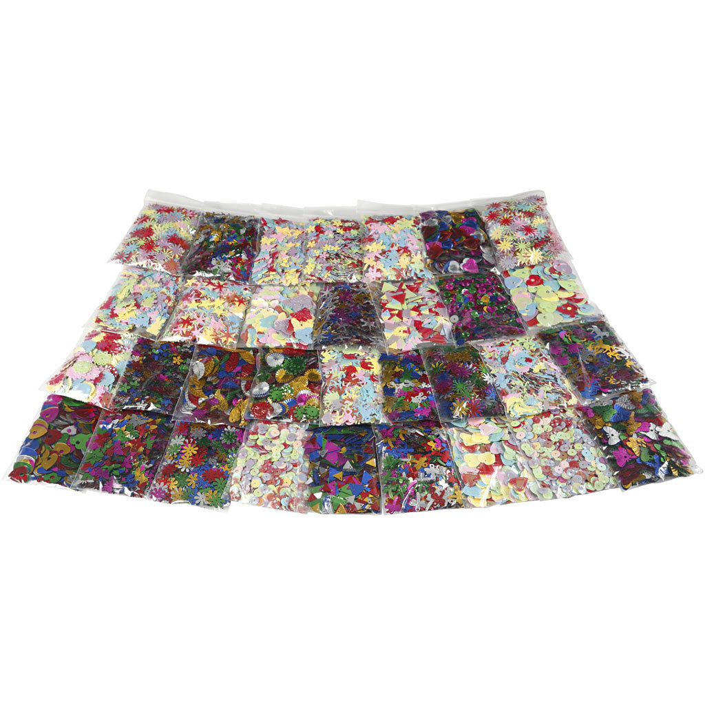 Multi paillettenmix, afm 7-30 mm, diverse kleuren, 32x25 gr/ 1 doos [HOB-52253]