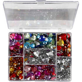 Strasstenen in display box, rond, sterren, harten, d 6+7+9+10+11+12+14+16 mm, blauw, roze, zilver, 300 stuk/ 1 doos [HOB-52315]