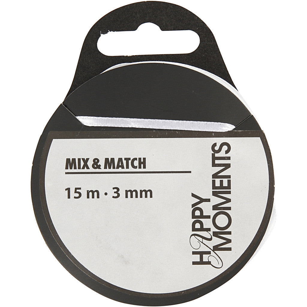Satijnlint, B: 3 mm, wit, 15 m/ 1 rol [HOB-524501]