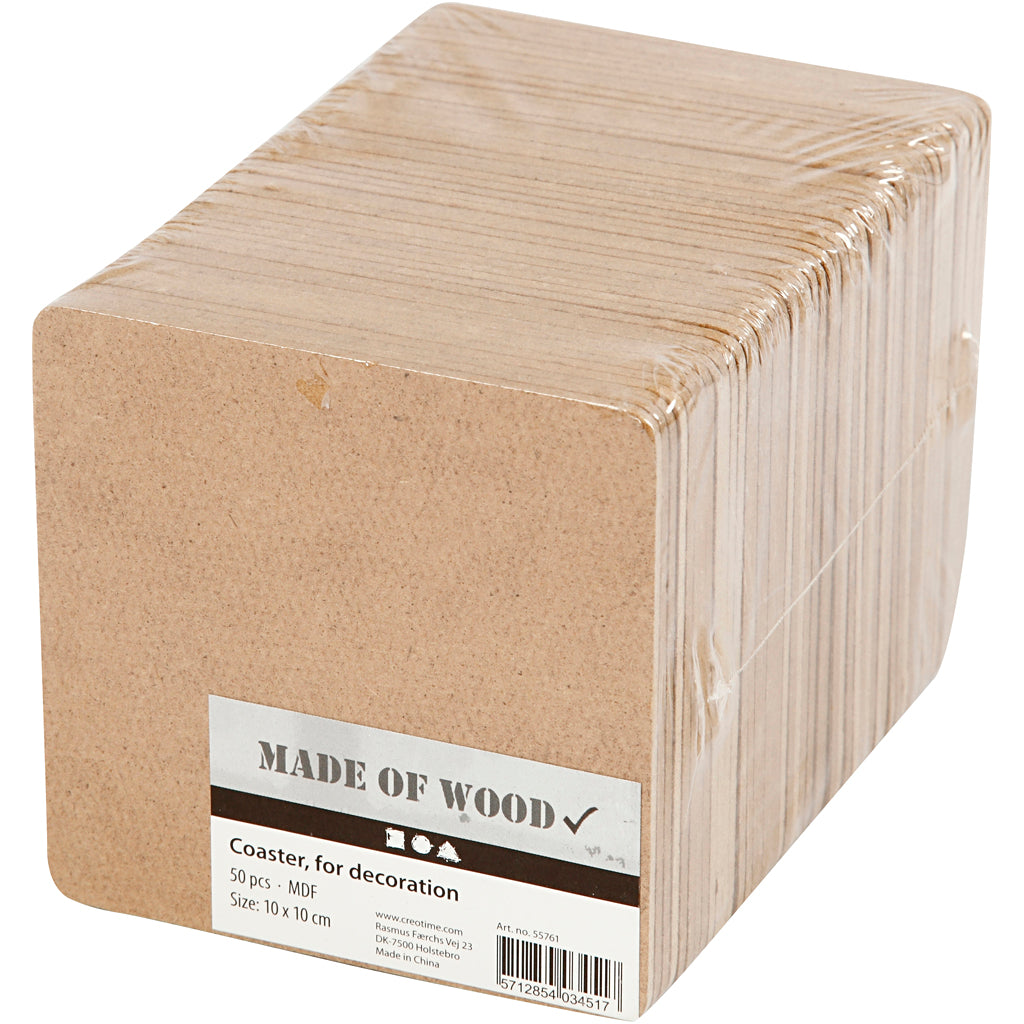 Onderzetter, afm 10x10 cm, dikte 3 mm, MDF, 50stuks [HOB55761]