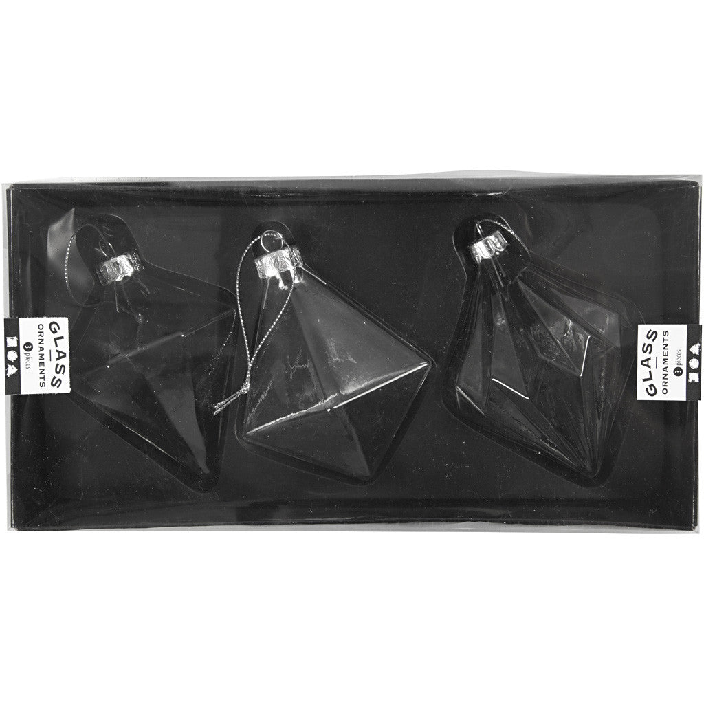 Glazen Ornamenten, H: 9,6+9,8+10,5 cm, d 7+7,9+8 cm, transparant, 3 stuk/ 1 doos [HOB-55901]