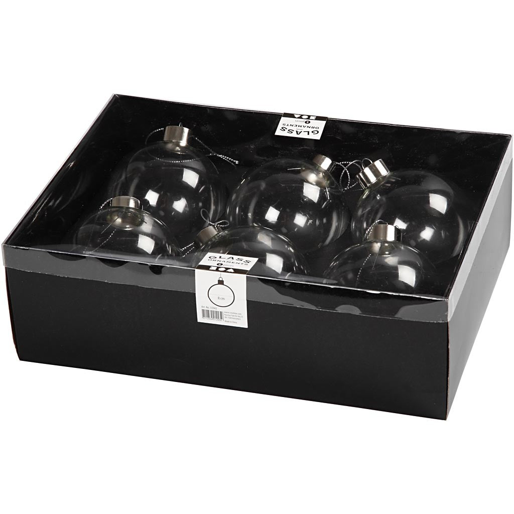 Glazen ornamenten, H: 8,9 cm, d 7,9 cm, transparant, 6 stuk/ 1 doos [HOB-55943]