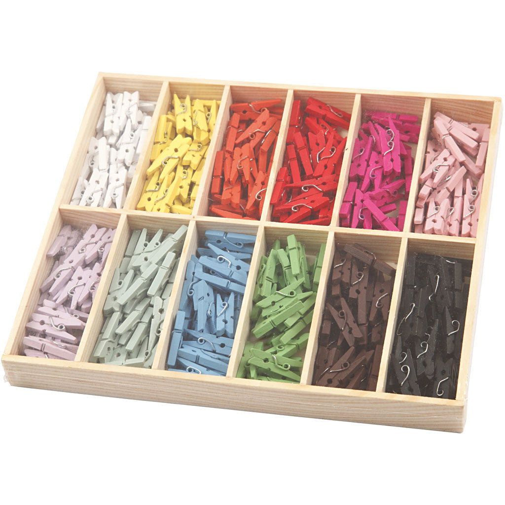 Mini wasknijper, L: 25 mm, B: 3 mm, diverse kleuren, 12x24 stuk/ 1 doos [HOB-56449]